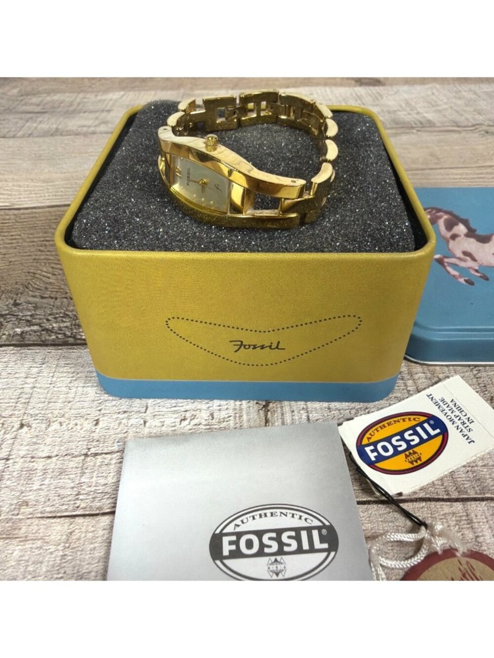Fossil F2 Gold Tone 2007 Watch ES 9172 Full Set New Battery Works Horse Tin VTG